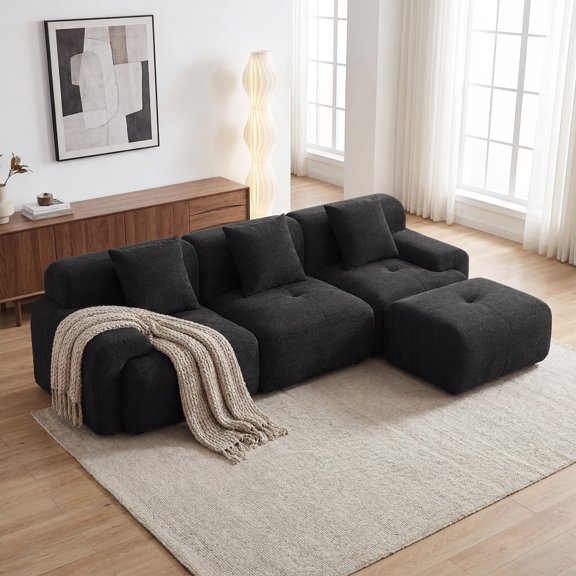 U-HOMY 104" Boneless Modular Sectional Sofa, Deep Seat Cloud Couch with Movable Ottoman, No Assembly Required