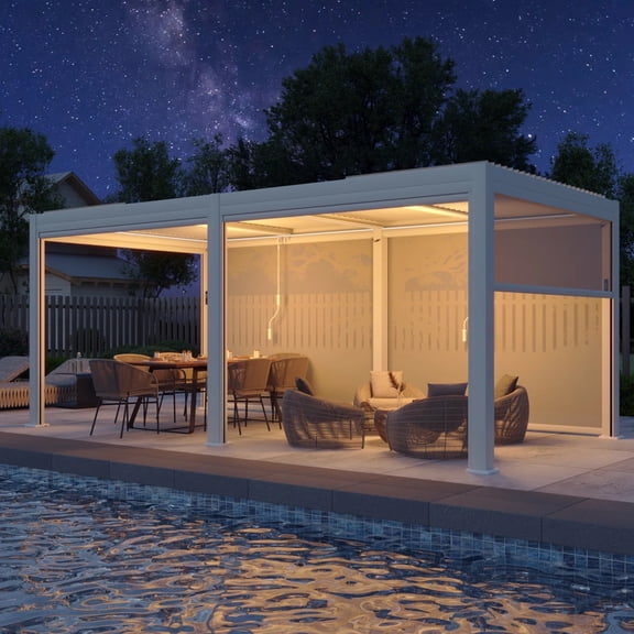 U-HOMY 20 ft x 10 ft Aluminum Louvered Pergola with Adjustable Roof, Side Screen and LED Lights for Patio