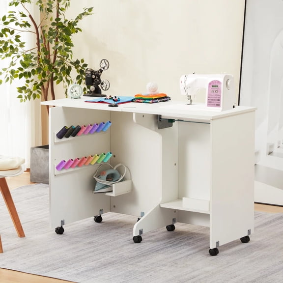 U-HOMY 30" Folding Sewing Table - Movable Rolling Craft Station with 16 Pegs, Storage Shelf & Adjustable Panel, Space-Saving Utility Hobby Desk with Caster Wheels