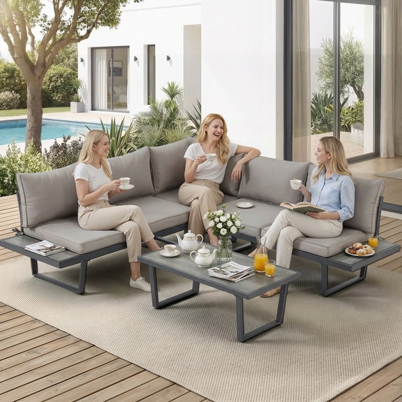 U-HOMY 4-Piece Patio Conversation Sofa Set with Coffee Table and Cushions for Backyard