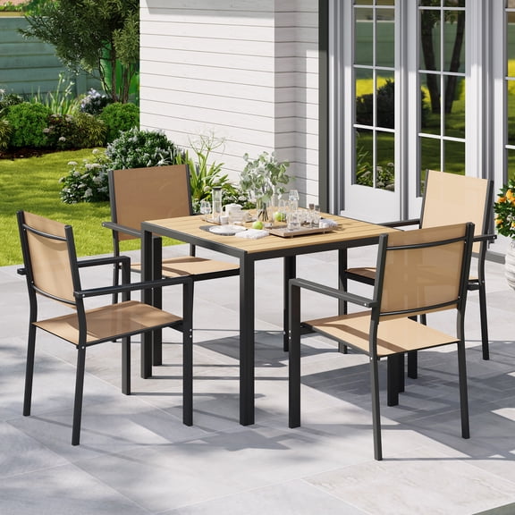 U-HOMY 5-Piece All-Weather Patio Dining Set with Square Wpc Table & Stackable Textilene Chairs, Iron Frame for Garden, Backyard, Deck