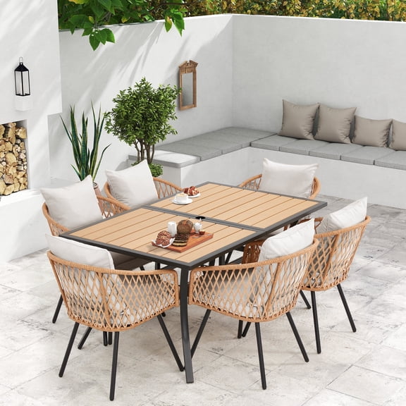 U-HOMY 7-Piece Outdoor Dining Set with 6 Rattan Chairs and Rectangular Table, Patio Furniture with Umbrella Hole for Backyard