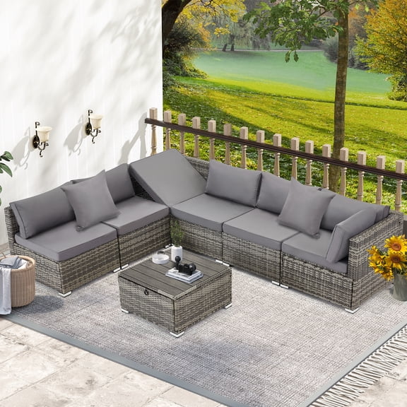 U-HOMY 7-Piece Patio Sectional Sofa Set with Cushions and Adjustable Backrest, Wicker Rattan Outdoor Furniture for Backyard