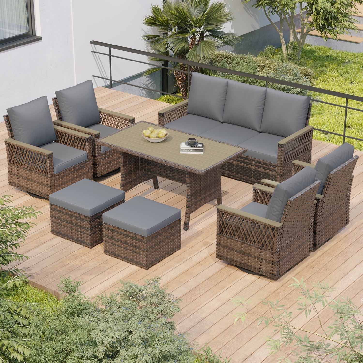 U-HOMY 8 Pieces Patio Furniture Set, Outdoor Swivel Glide Chairs with ...