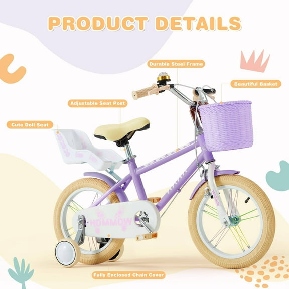 U-HOMY Kids Bike for Girls Boys Ages 3-12 Years, 12 14 16 Inch Kids Bike with Training Wheels, Streamers, Basket and Doll Seat, Children Bicycles with Dual Brake System, Multiple Colors