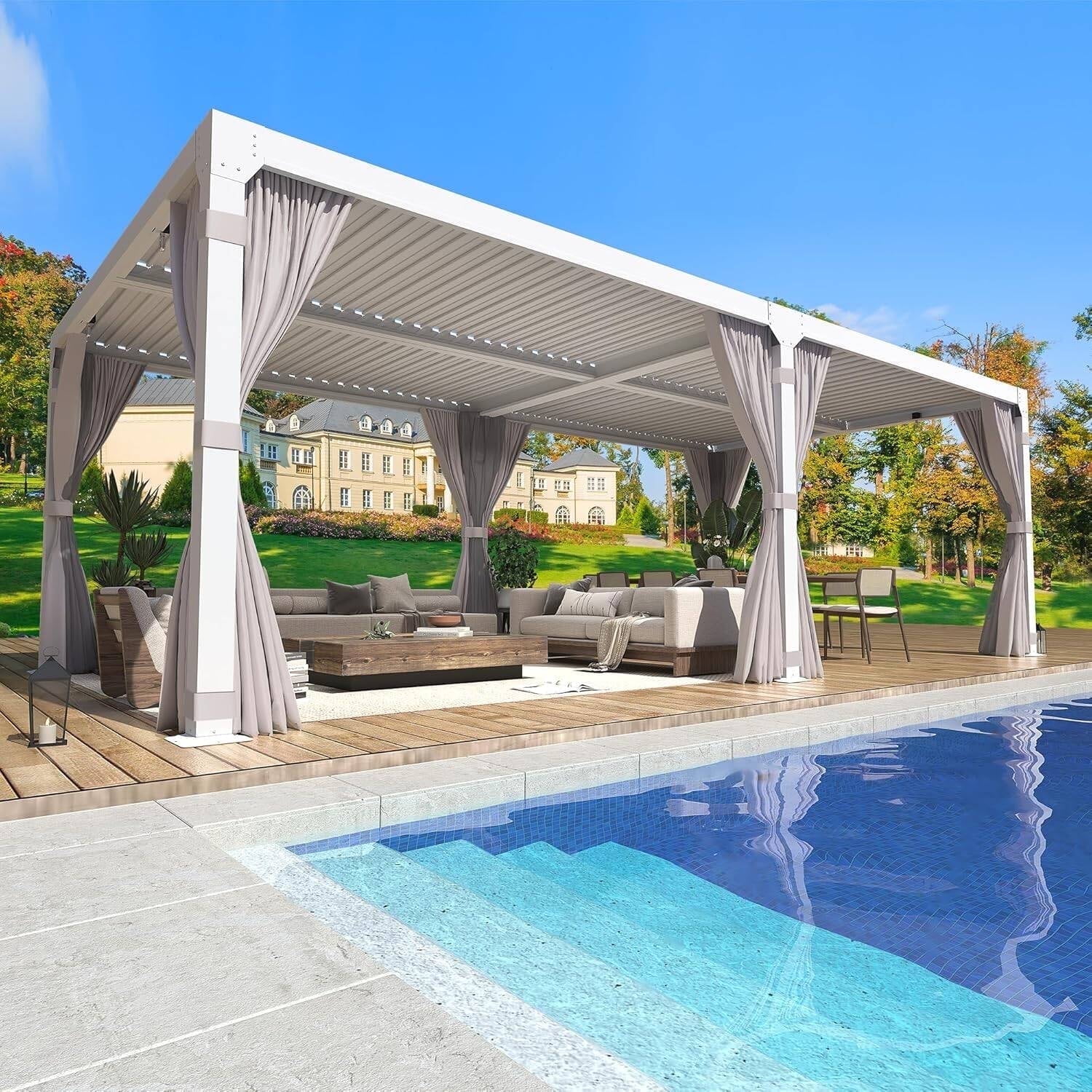 U-HOMY Louvered Pergola 12x20, All Aluminum Pergola with Adjustable Rainproof Roof,White