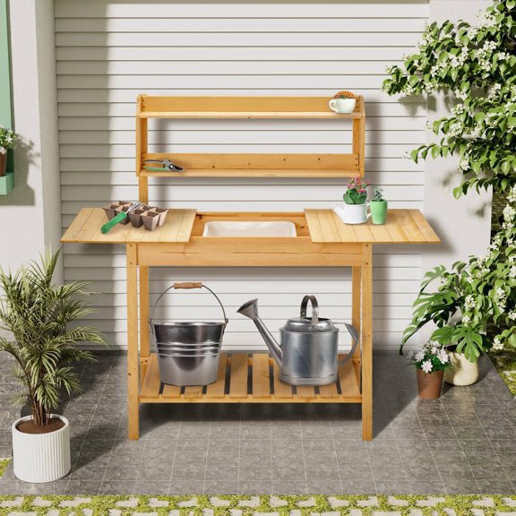 HOMCOM Wooden Potting Bench Table – 36" X 16.75" X 47", Removable Sink, Storage