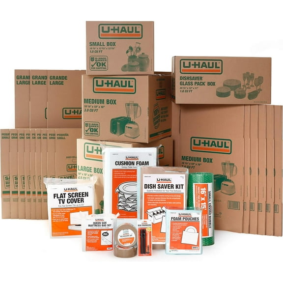 U-Haul Apartment Moving Kit - 21 Boxes, 1 Dish Packing Kit, Foam Pouches, Tape, Mattress Bag, TV Cover, and Other Assorted Packing Supplies