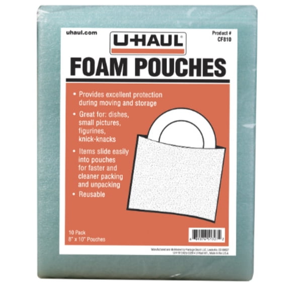 U-Haul Cushion Foam Pouches - Protect Fragile Dishes, Picture Frames, Decorations, Bowls, Glassware - 10 Pack, 8" x 10"