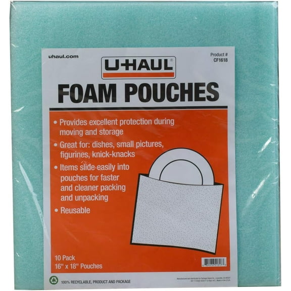 U-Haul Cushion Foam Pouches - Protect Fragile Dishes, Picture Frames, Decorations, Bowls, Glassware - Dish Protectors - 10 Pack, 16" x 18"