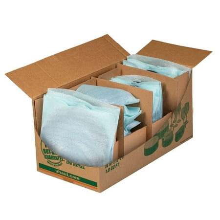 U-Haul Dish Packing Kit – for Dishes and Glassware – Includes 1 Box, 1 Cell Divider Unit, and 32 Assorted Foam Pouches
