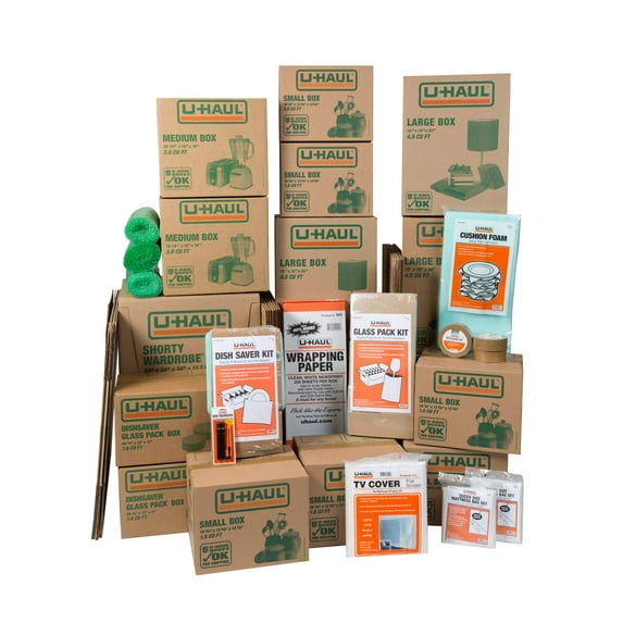 U-Haul Household Moving Kit - 36 Moving Boxes, 2 Wardrobe Boxes, 2 Dish and Glass Packing Kits, 2 Mattress Bags, Tape, and Assorted Packing Supplies