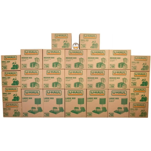 U-Haul Moving Box Variety Pack 10 Small, 10 Medium, and 5 Large Boxes - Suitable for Moving, Packing, Shipping, and Storage - Bonus Roll of Tape Included