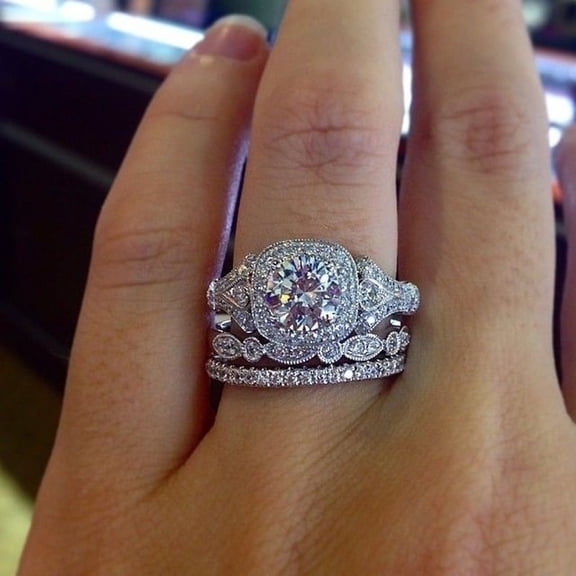 U&I Entertainment Geometry Silver AAA CZ Diamond Engagement & Wedding Ring Set, Alloy, With 3 Rings