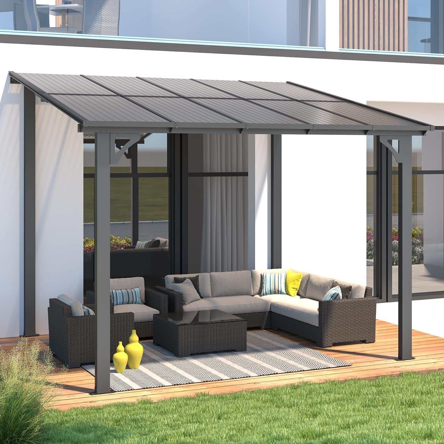 Patio Canopy 8x12 Foot Wall-Mounted Gazebo Powder-Coated