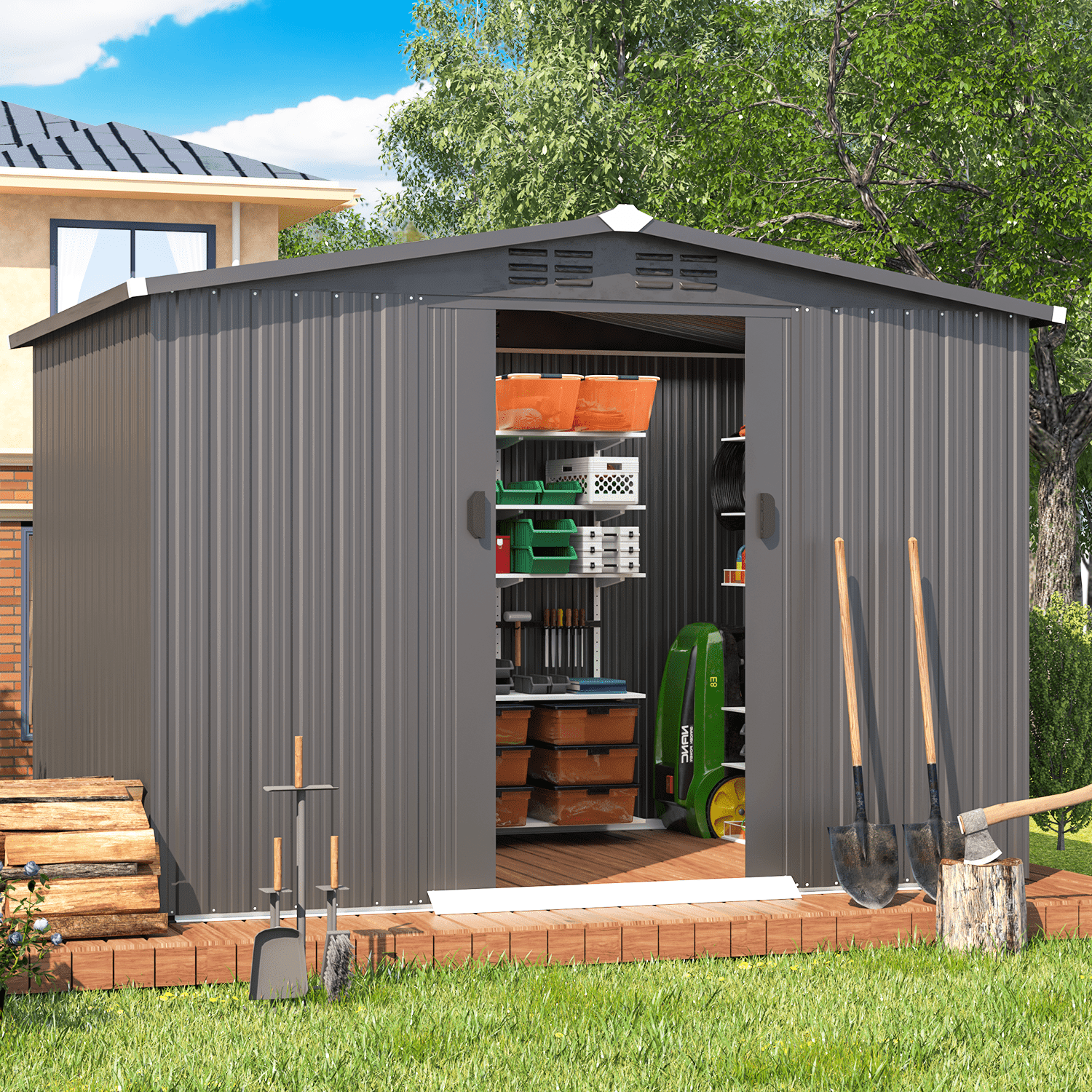 YODOLLA 8 x 6 ft. Outdoor Metal Storage Shed with Lockable Door Patio Garden Storage Building in Dark Gray for Outside