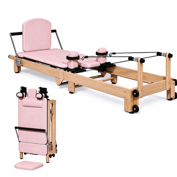 U-MAX 92" Foldable Pilates Reformer, Faux-Wood Steel Pilates Machine with Springs & Latex Resistance System for Home Gym,Pink