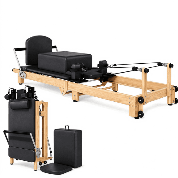 U-MAX 92" Foldable Pilates Reformer with Plyo Box & Dual-Resistance System, Faux-Wood Steel Frame for Home Gym