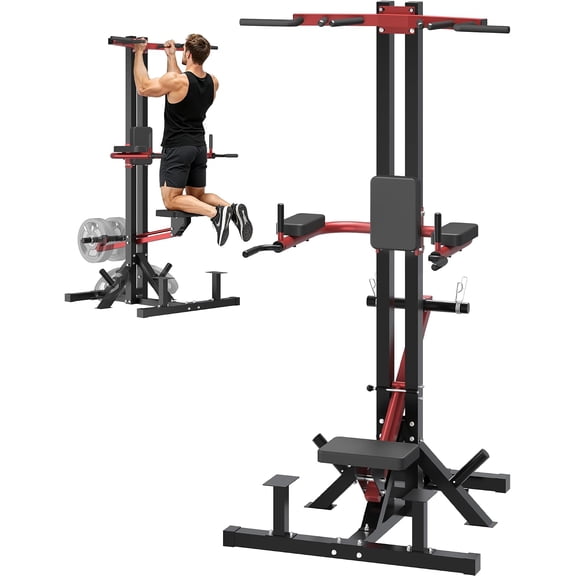 U-MAX Assisted Pull Up Machine, 4-in-1 Plate-Loaded Power Tower with 1:1 Counterweight, 600 lb Pull Up Dip Station for Home Gym, Black/Red