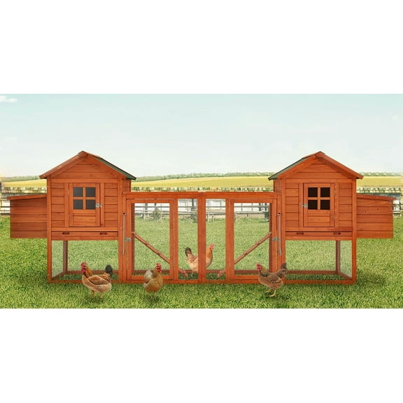 U-MAX Large Chicken Coop, 123" Wooden Chicken Coop for 4-6 Chickens Outdoor Hen House with Run & Removable Trays, Natural Wood