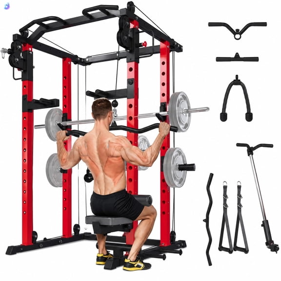 U-MAX Multi-Functional Squat Rack with LAT Pulldown & Dual Pulley, Exercise Power Rack Cages w/ Cable Crossover, Bench Press & Pulley Workout System in Metal Red