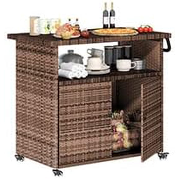 U-MAX Outdoor Bar Cart with Wheels, Outdoor Kitchen Island and BBQ Serving Cart, Rattan Storage Cabinet for Backyard Bar Patio