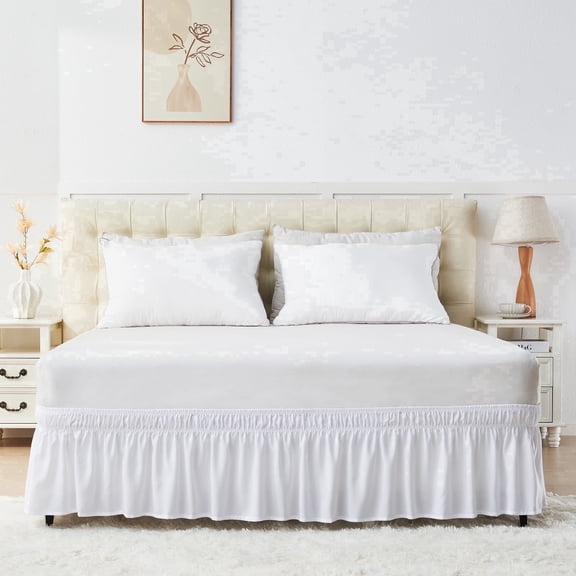 U-NICE HOME Queen 14" Drop Wrap Around Bed Skirt - Elastic Pleated Wrinkle Resistant, White