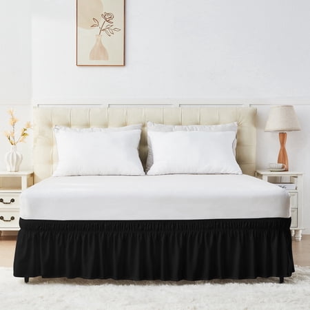 U-NICE HOME Twin/Twin XL 14" Drop Wrap Around Bed Skirt - Elastic Pleated Wrinkle Resistant, Black