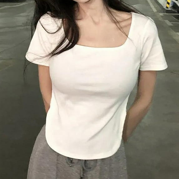 U-Neck Hot Girl Top Slim Irregular Short-Sleeved T-Shirt Women Korean version
