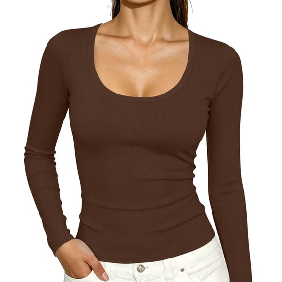 U Neck Ribbed Crop Top for Women Ghalytn Slim Fit Long Sleeve - Stretchy Basic Casual Tee