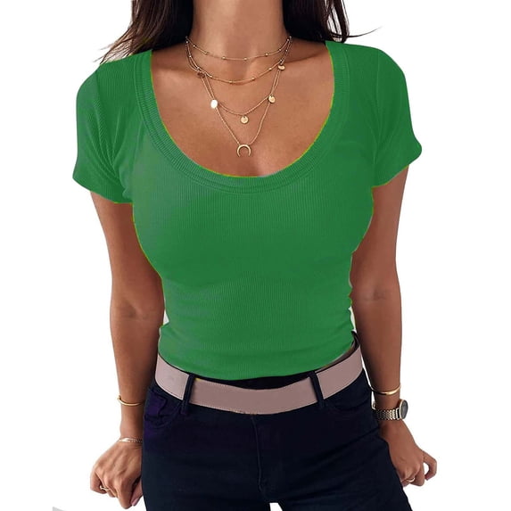 U Neck Short Sleeve T Shirt for Women Solid Color Summer Casual Basic Tee Tops Green,L