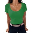 thumbnail image 1 of U Neck Short Sleeve T Shirt for Women Solid Color Summer Casual Basic Tee Tops Green,S, 1 of 6