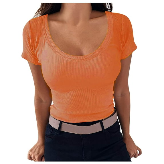 U Neck Short Sleeve T Shirt for Women Solid Color Summer Casual Basic Tee Tops Orange,2XL
