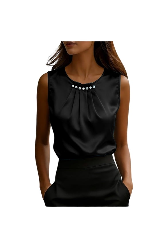 U-Neck Spaghetti-Strap Tank Top, Women's Ice-Silk Satin Versatile Outerwear Top, Layering Base Layer for Blazers,Black,M