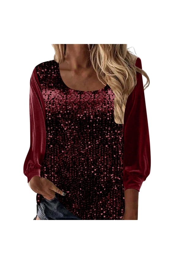 U-Neck Sparkling Tops for Women, Tunic Long-Sleeved Pullover Shirts, Fashion Outerwear for Fall