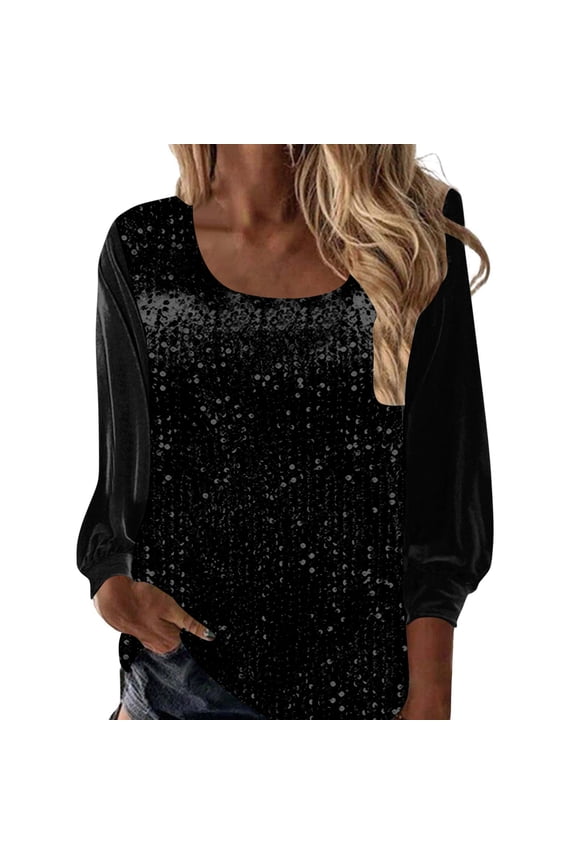 U-Neck Sparkling Tops for Women, Tunic Long-Sleeved Pullover Shirts, Fashion Outerwear for Fall