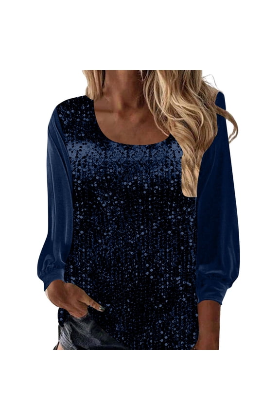 U-Neck Sparkling Tops for Women, Tunic Long-Sleeved Pullover Shirts, Fashion Outerwear for Fall