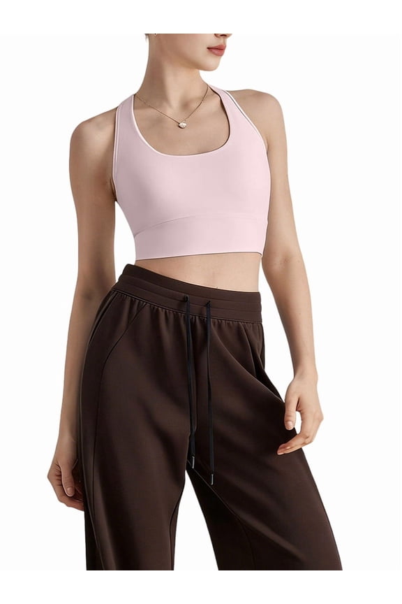 U Neck Sports Bra Womens Longline Medium Impact Workout Crop Tank Tops Wirefree Yoga Bra Gym Pink XL