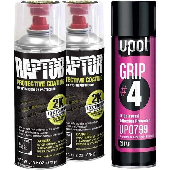 U-POL Raptor 2K Black Spray-On Truck Bedliner Aerosol, 2-Pack | Grip #4 Clear 1K