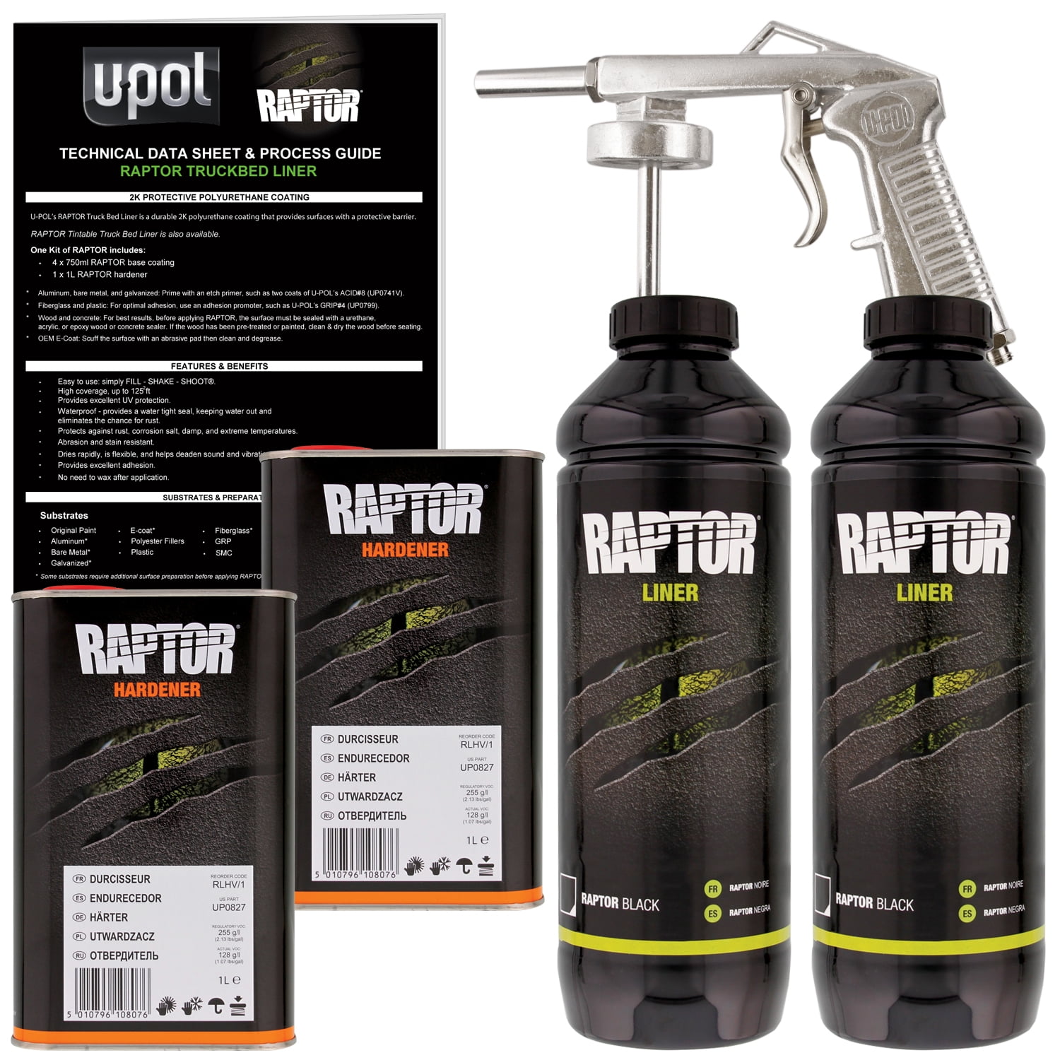 U-POL Raptor Black Urethane Spray-On Truck Bed Liner Spray Gun, 2 Liters