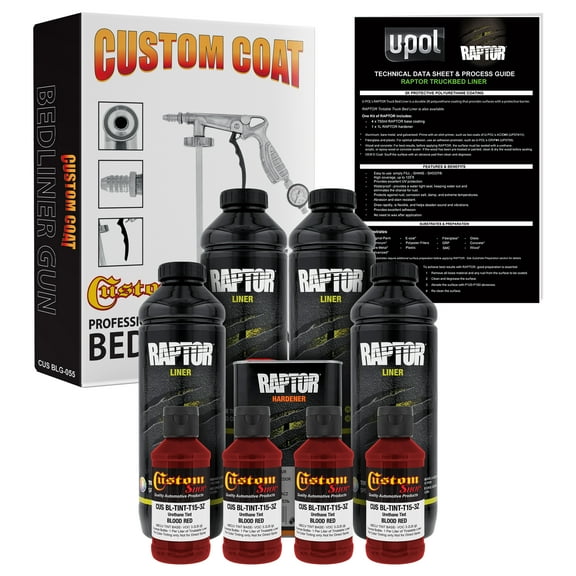 U-POL Raptor Blood Red Urethane Spray-On Truck Bed Liner Kit w/ FREE Custom Coat Spray Gun with Regulator, 4 Liters