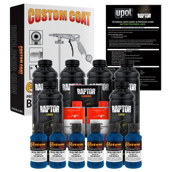 U-POL Raptor Blue Metallic Urethane Spray-On Truck Bed Liner Kit w/ FREE Custom Coat Spray Gun with Regulator, 6 Liters