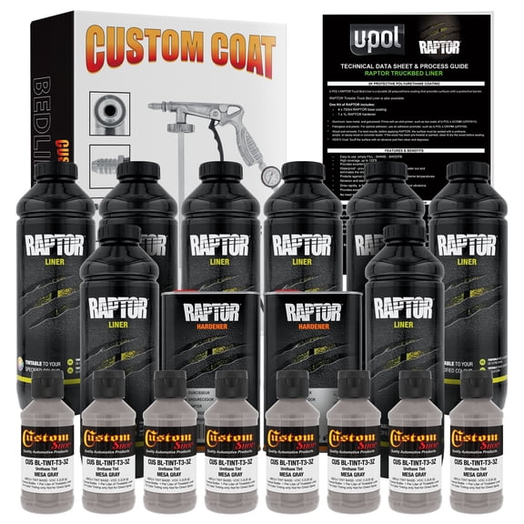 U-POL Raptor Mesa Gray Urethane Spray-On Truck Bed Liner Kit w/ FREE Custom Coat Spray Gun with Regulator, 8 Liters