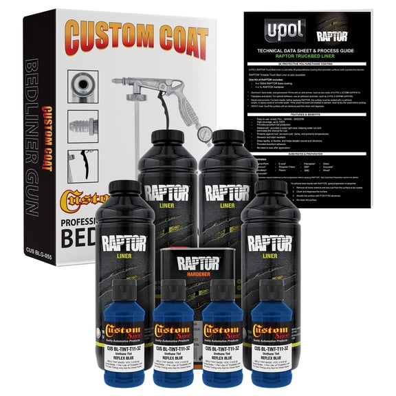U-POL Raptor Reflex Blue Urethane Spray-On Truck Bed Liner Kit w/ FREE Custom Coat Spray Gun with Regulator, 4 Liters