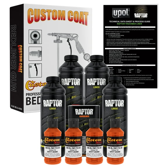 U-POL Raptor Safety Orange Urethane Spray-On Truck Bed Liner Kit w/ FREE Custom Coat Spray Gun with Regulator, 4 Liters