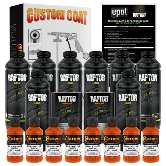 U-POL Raptor Safety Orange Urethane Spray-On Truck Bed Liner Kit w/ FREE Custom Coat Spray Gun with Regulator, 8 Liters