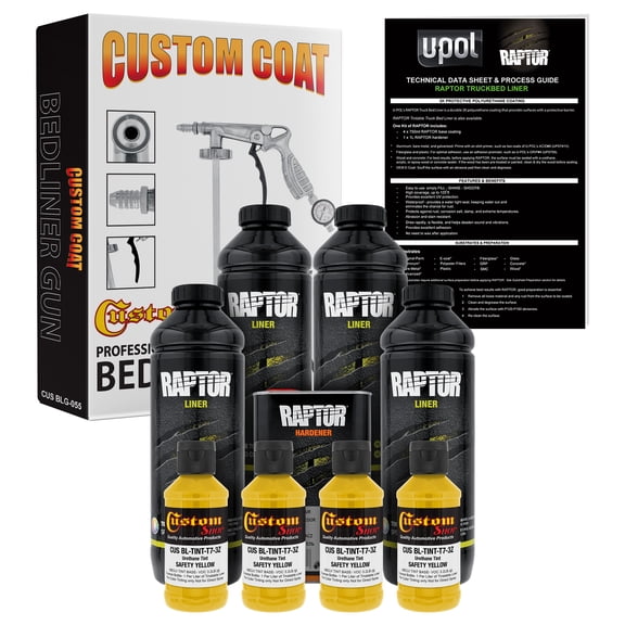 U-POL Raptor Safety Yellow Urethane Spray-On Truck Bed Liner Kit w/ FREE Custom Coat Spray Gun with Regulator, 4 Liters