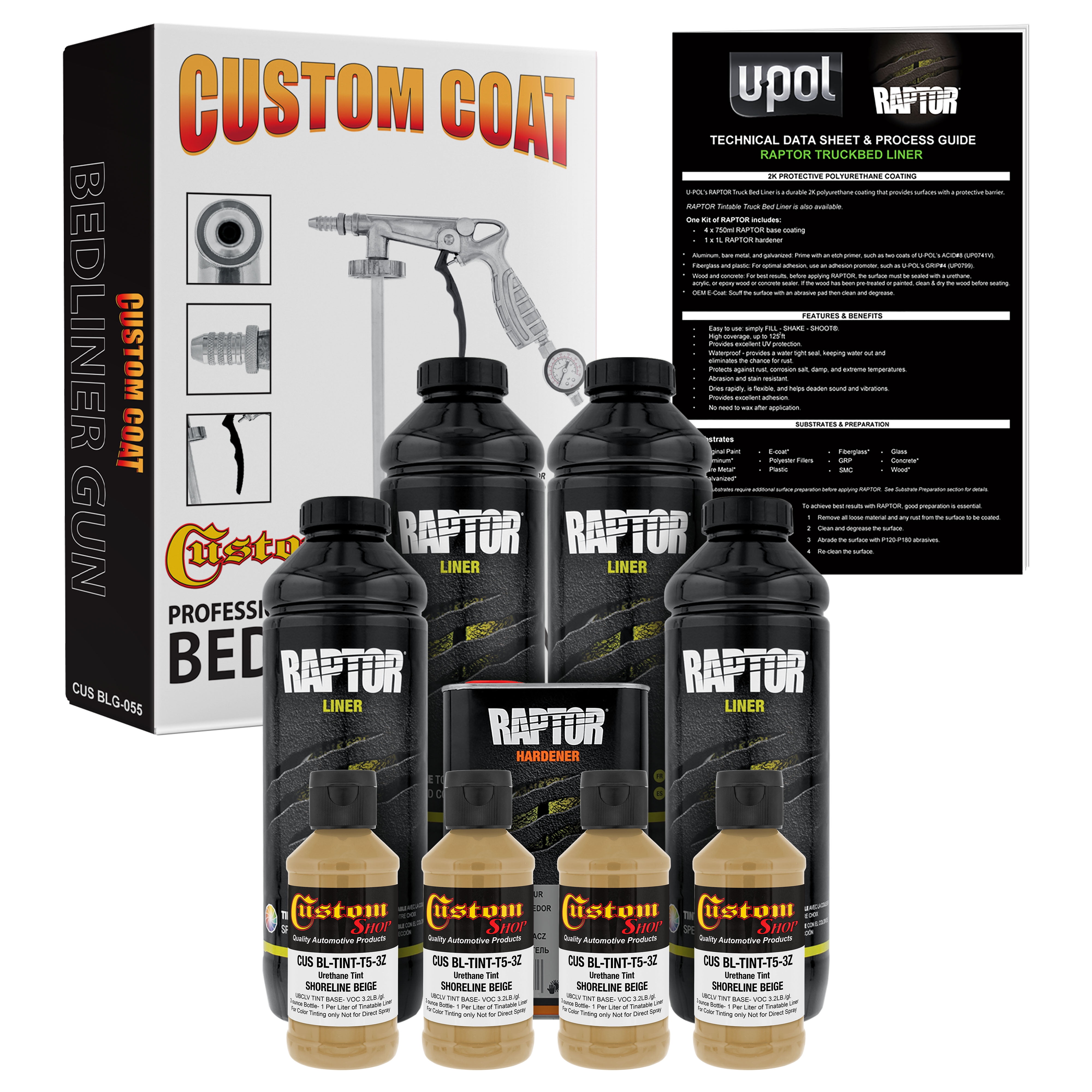 U-POL Raptor Shoreline Beige Urethane Spray-On Truck Bed Liner Kit w/ FREE Custom Coat Spray Gun w/ Regulator, 4 Liters