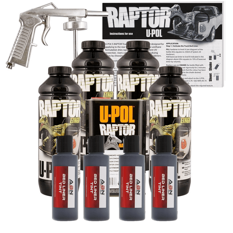 U-POL Raptor Tintable Black Metallic Bed Liner Kit w/ Spray Gun, 4 Liters  Upol