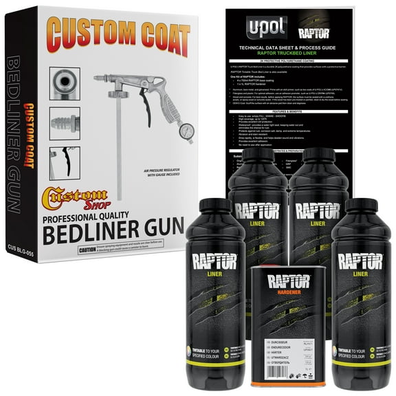 U-POL Raptor Tintable Urethane Spray-On Truck Bed Liner Kit w/ FREE Custom Coat Spray Gun with Regulator, 4 Liters